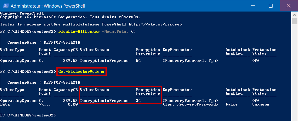 Désactiver BitLocker Windows PowerShell ligne de commande pour vérifier l'état d'avancement du déchiffrement.