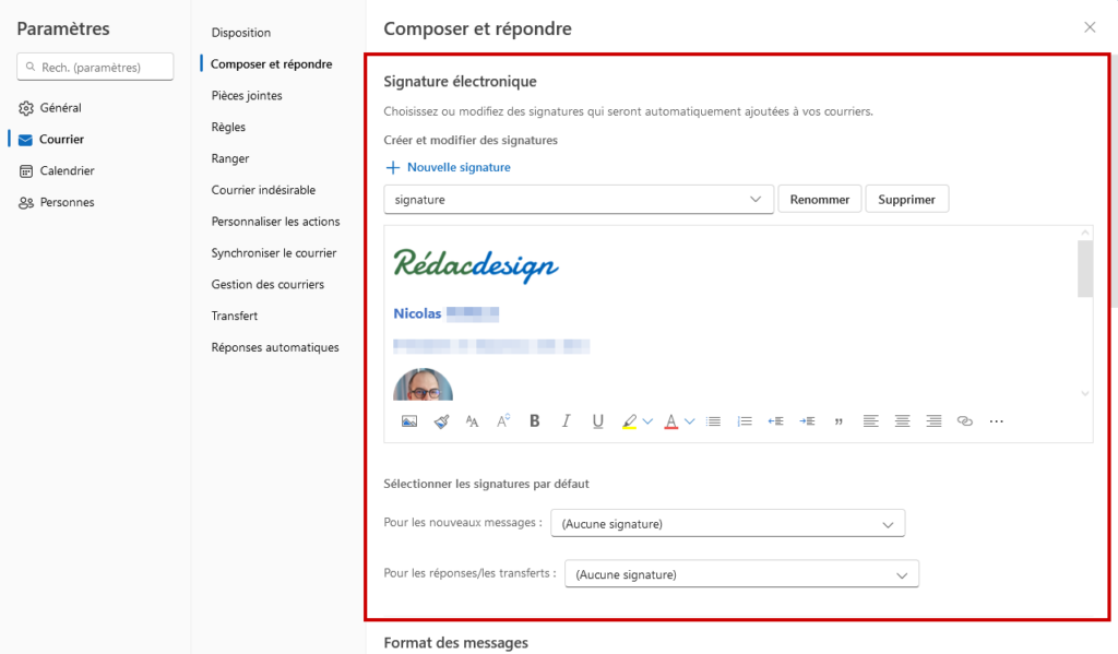 Outlook.com créer signature mail - panneau de signatures