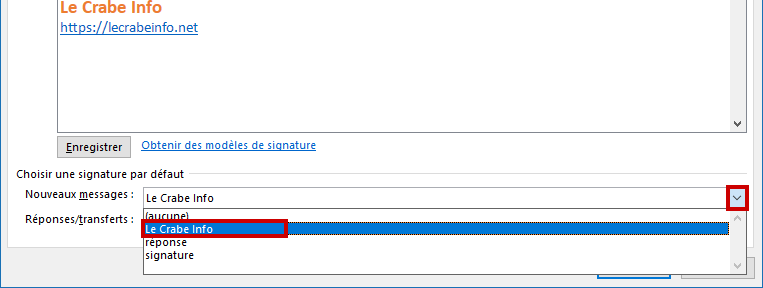 Outlook.com créer signature mail - sélectionner quand utiliser cette signature