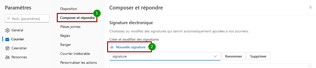 Outlook.com créer signature mail - Nouvelle signature