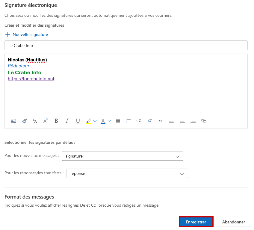 Outlook.com créer signature mail - Enregistrer