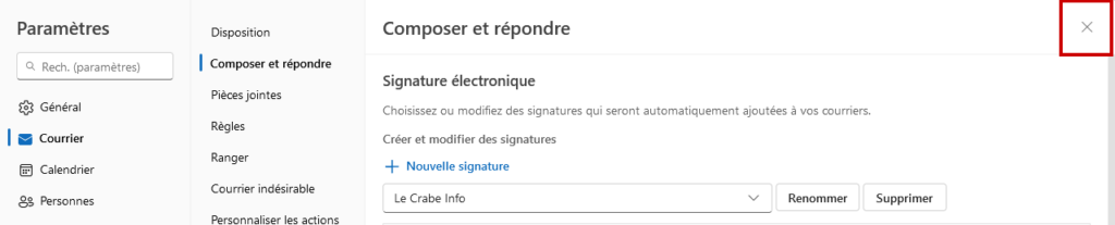 Outlook.com créer signature mail - Fermer les paramètres