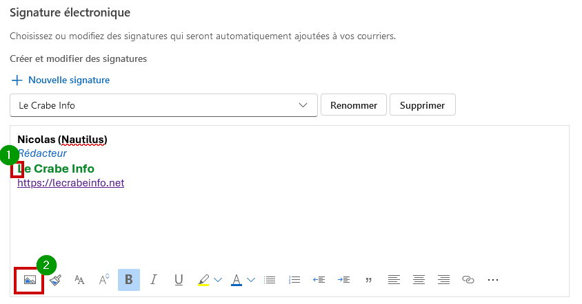 Outlook.com créer signature mail - placer curseur de saisie et faire Insérer image