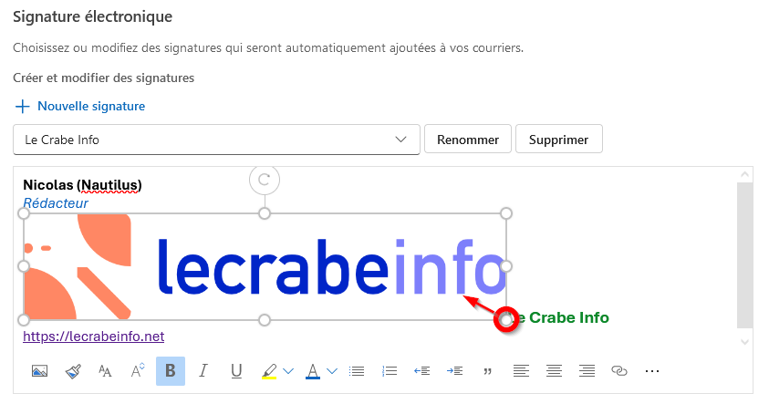 Outlook.com créer signature mail - redimensionner taille de l'image