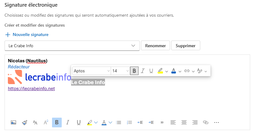 Outlook.com créer signature mail - supprimer texte en trop
