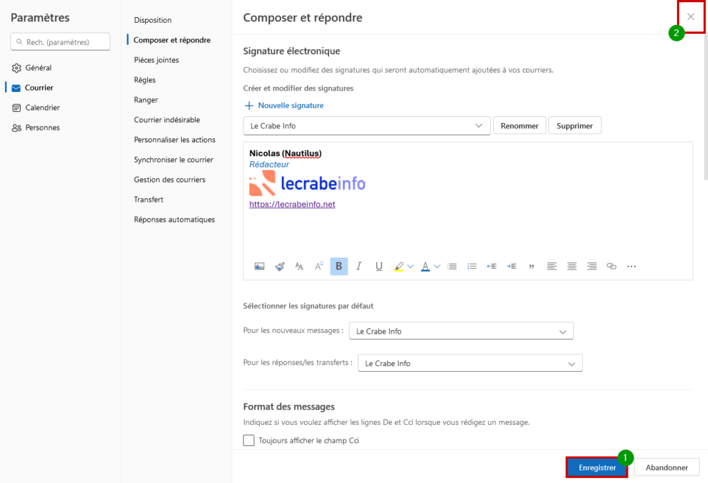 Outlook.com créer signature mail - enregistrer et fermer