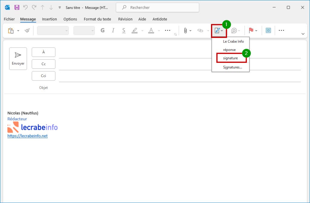 Outlook créer signature mail - changer signature pour une autre