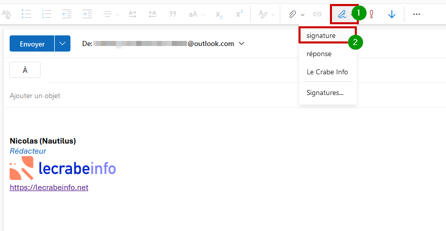 Outlook.com créer signature mail - Signature changer