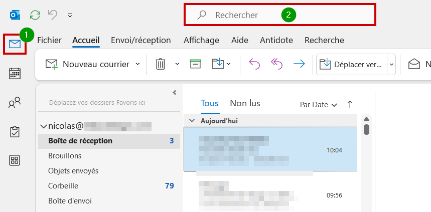 Outlook recherche mail par date Entrer dans Courrier et Cliquer sur Rechercher