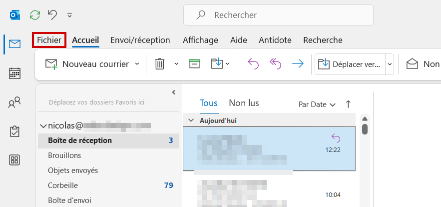 Outlook ajouter onglet Recherche Entrer dans Fichier