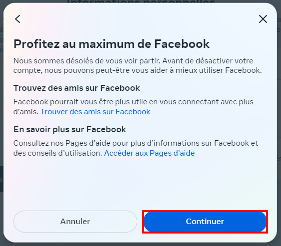 Supprimer Facebook garder Messenger - Confirmer la désactivation de son compte 