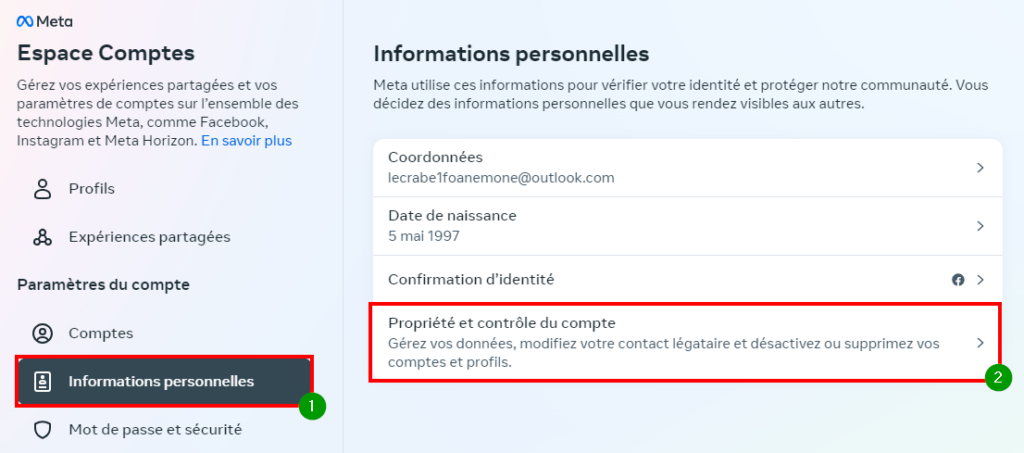 Supprimer Facebook garder Messenger - Dans Informations personnelles, accéder à Propriété et contrôle du compte