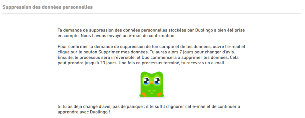 Comment supprimer un compte Duolingo - Message confirmant la suppression du compte