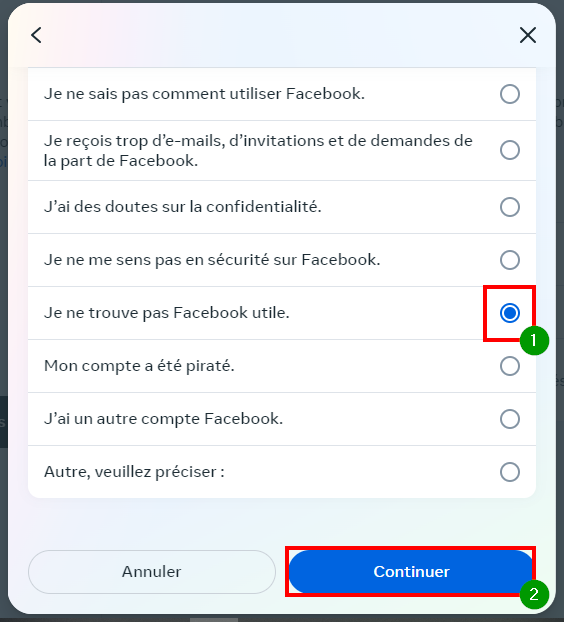 Supprimer Facebook garder Messenger - Sélectionner la raison de la désactivation de son compte