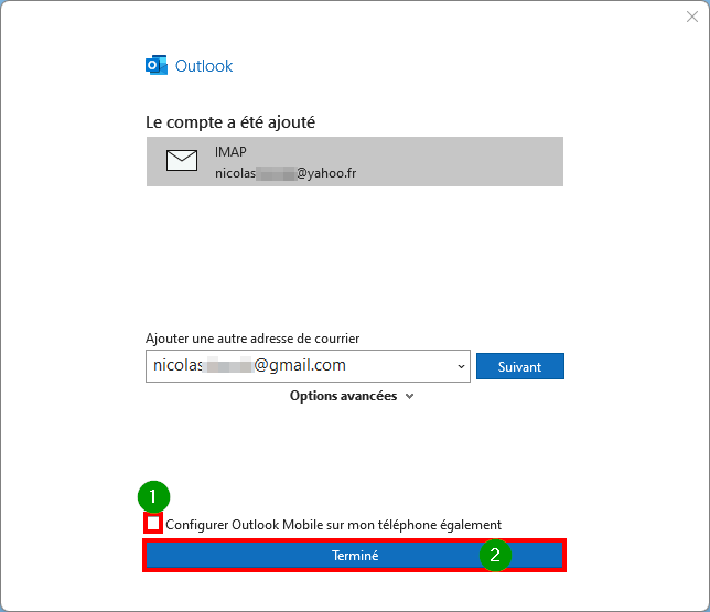 Outlook connecter compte mail - Cliquer sur Terminé