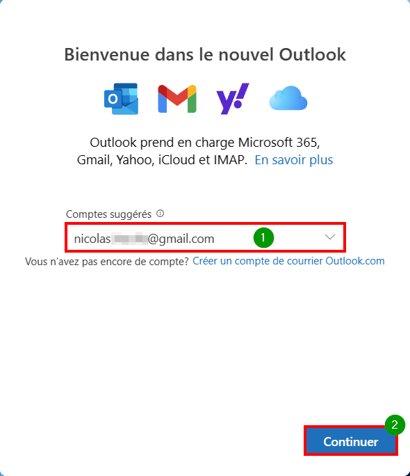 Outlook connecter compte mail - Indiquer adresse du compte à connecter