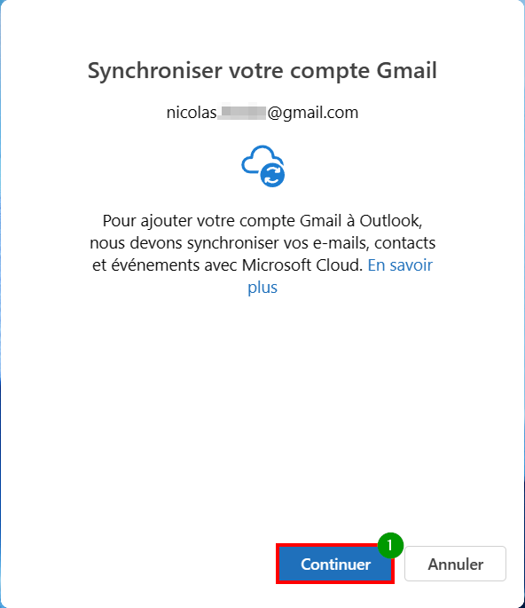 Outlook connecter compte mail - continuer synchronisation