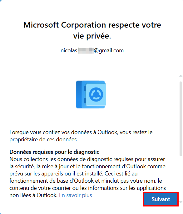 Outlook connecter compte mail - Message sur les données