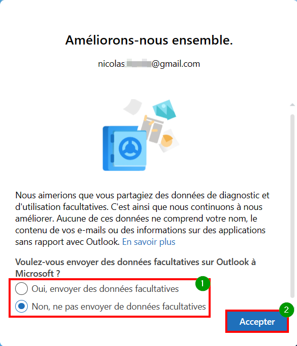 Outlook connecter compte mail - Données facultatives accepter ou refuser