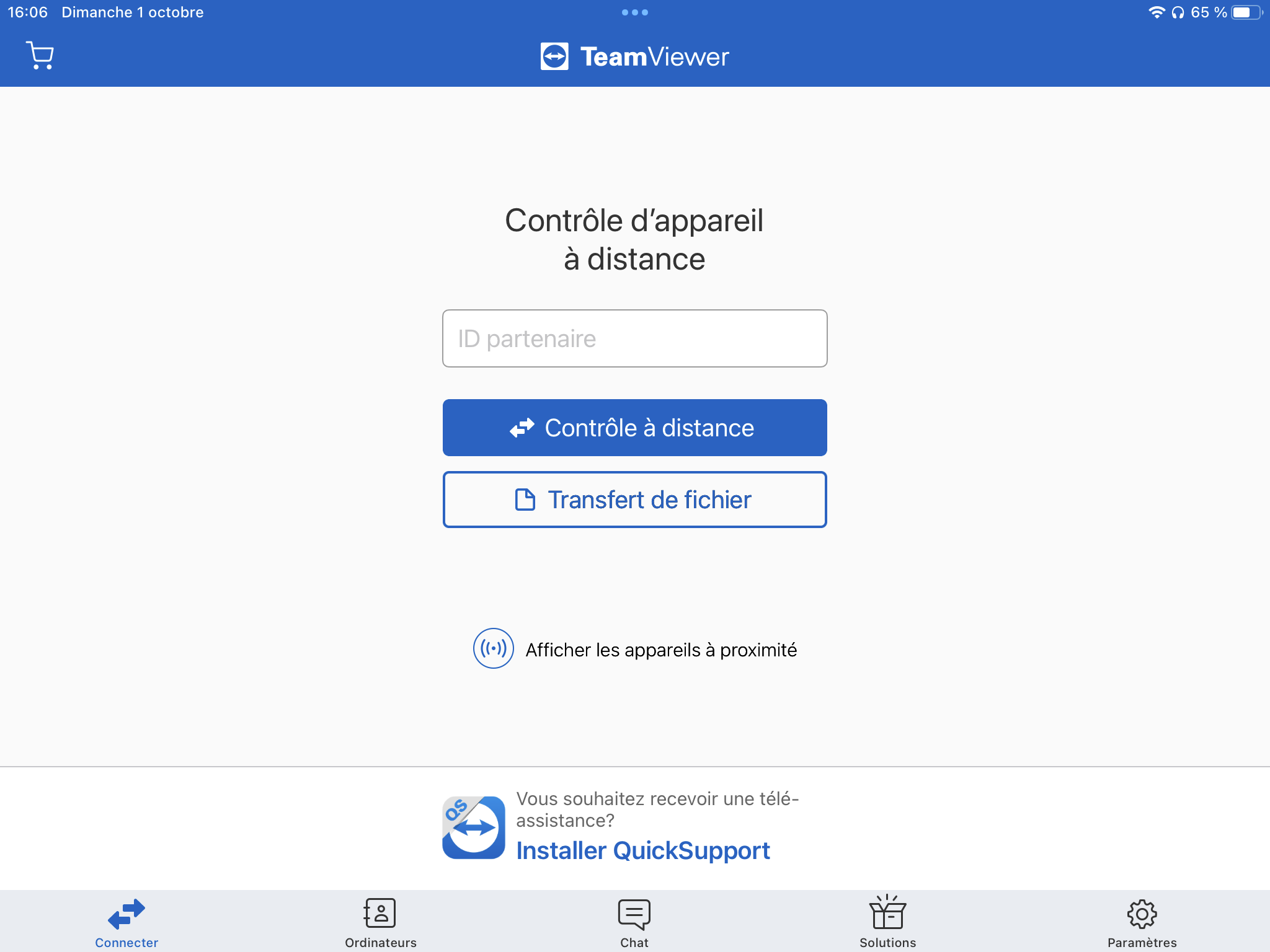 Écran d'accueil de TeamViewer prêt à être connecté à Windows sur iPad