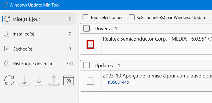 Windows Update MiniTool - Cocher la mise à jour à télécharger
