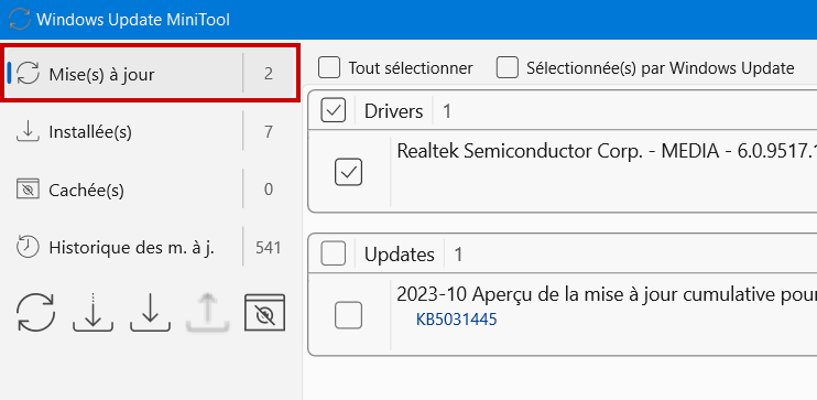 Windows Update MiniTool - Aller dans Mise(s) à jour