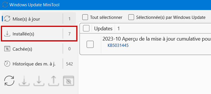 Windows Update MiniTool - Aller dans installée(s)