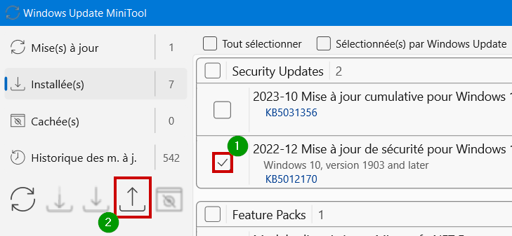 Windows Update MiniTool - Sélectionner et supprimer mise à jour