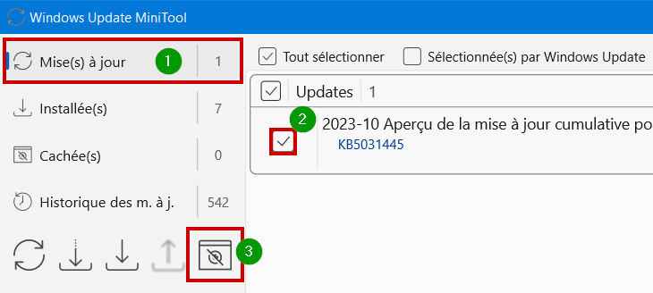 Windows Update MiniTool - Sélectionner et cacher une mise à jour