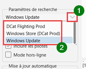 Windows Update MiniTool - Options de paramètres de recherche
