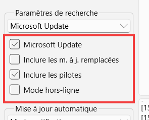 Windows Update MiniTool - Options de recherche de mises à jour