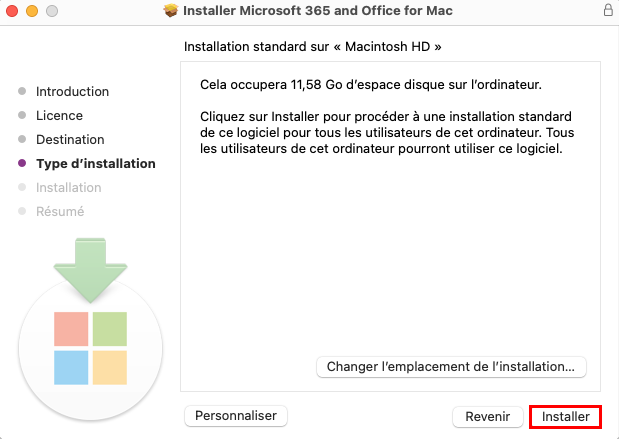 Étape type d'installation pour installer les apps de Microsoft 365 sur Mac d'Apple