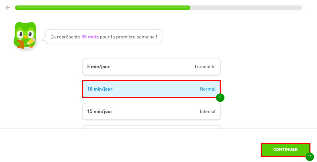 Comment supprimer un compte Duolingo - Durée d'apprentissage par jour