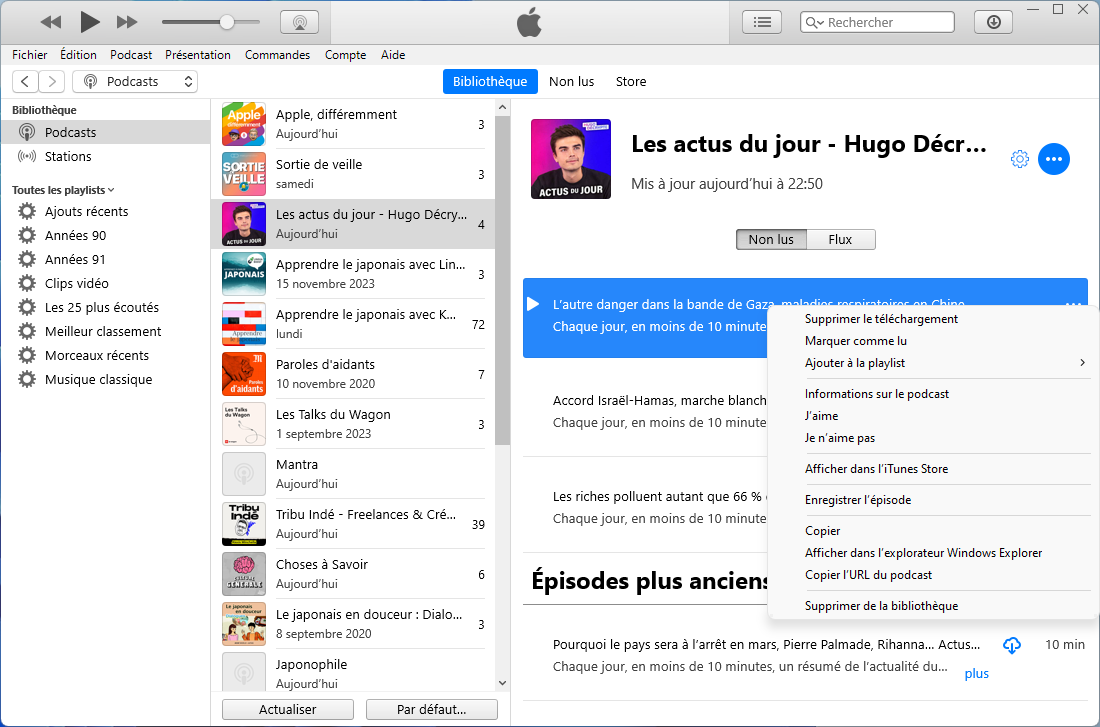 Les options des podcasts dans iTunes sur PC Windows