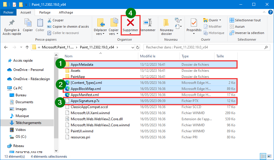 Installer Paint 11 sur Windows 10 Sélectionner le dossier et les fichiers à supprimer