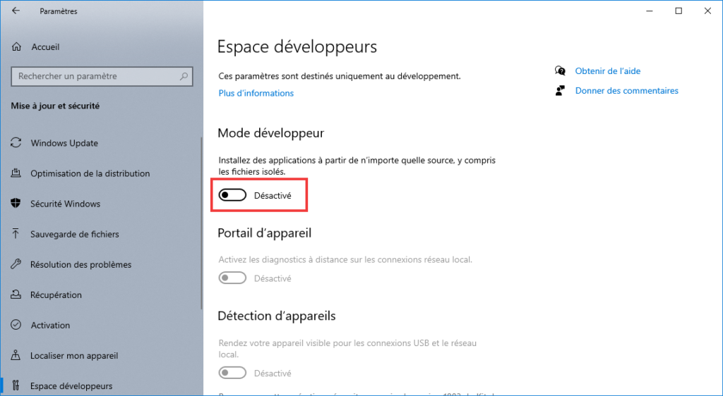 Installer Paint 11 sur Windows 10 Activer le mode développeur