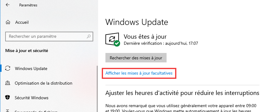 Mise à jour sur Windows 10 Mises à jour facultatives