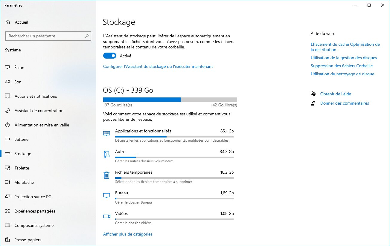 Assistant de stockage de Windows 10 pour voir ce qui prend de la place.