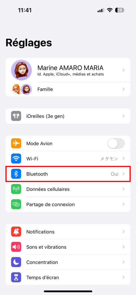 iPhone Réglages Bluetooth