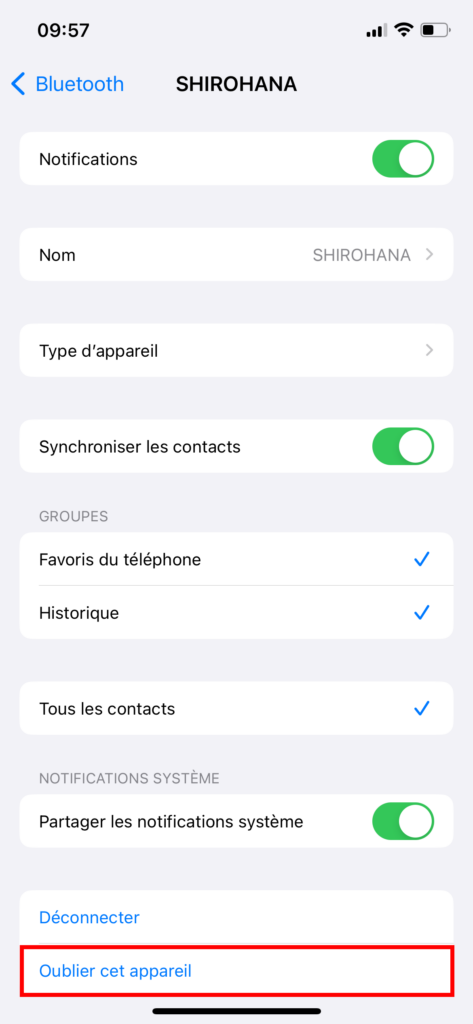 iPhone Réglages Bluetooth déjumeler oublier appareil