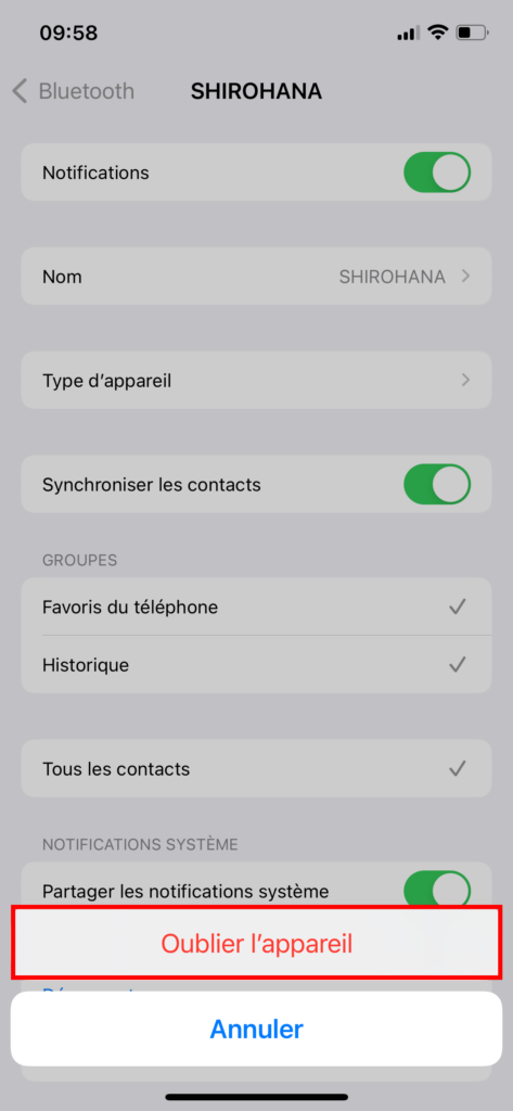 iPhone Réglages Bluetooth déjumeler oublier appareil