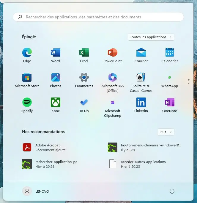 Retrouver le menu Démarrer de Windows 10 - Affichage du menu Démarrer de Windows 11