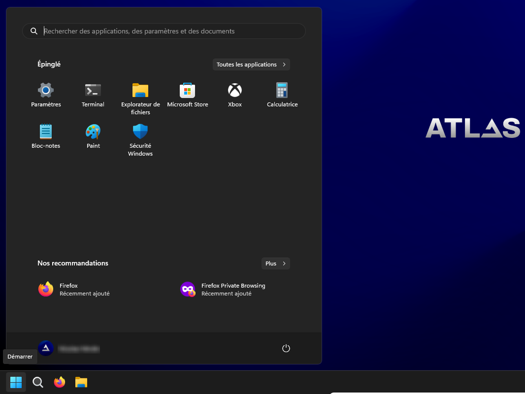 Menu Démarrer épuré avec AtlasOS sur Windows 11