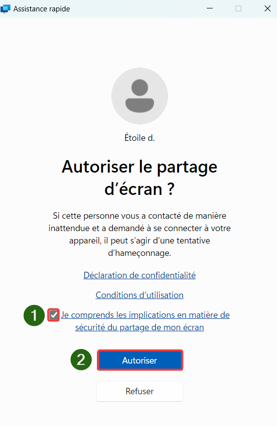 Demande de consentement pour la partage écran assistance rapide windows.
