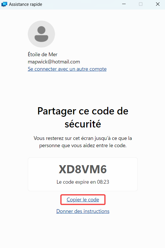 Générer un code avec l'assistance rapide Windows.