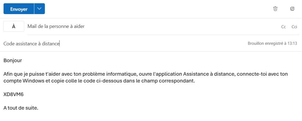 Mail incluant l'invitation d'assistance à distance et le mot de passe de connexion.
