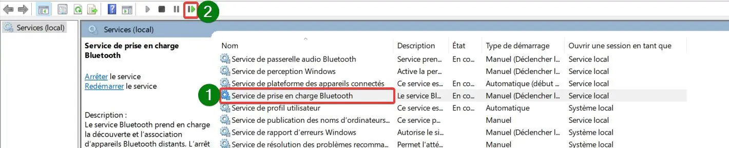Services.msc, Ouvrir Service de prise en charge Bluetooth.