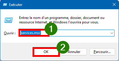 Ouvrir Exécuter, taper services.msc et OK