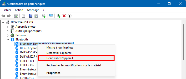 Gestionnaire de périphériques désinstaller l'appareil