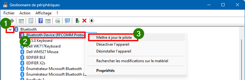 Mettre à jour le pilote de Bluetooth dans Gestionnaire de périphériques